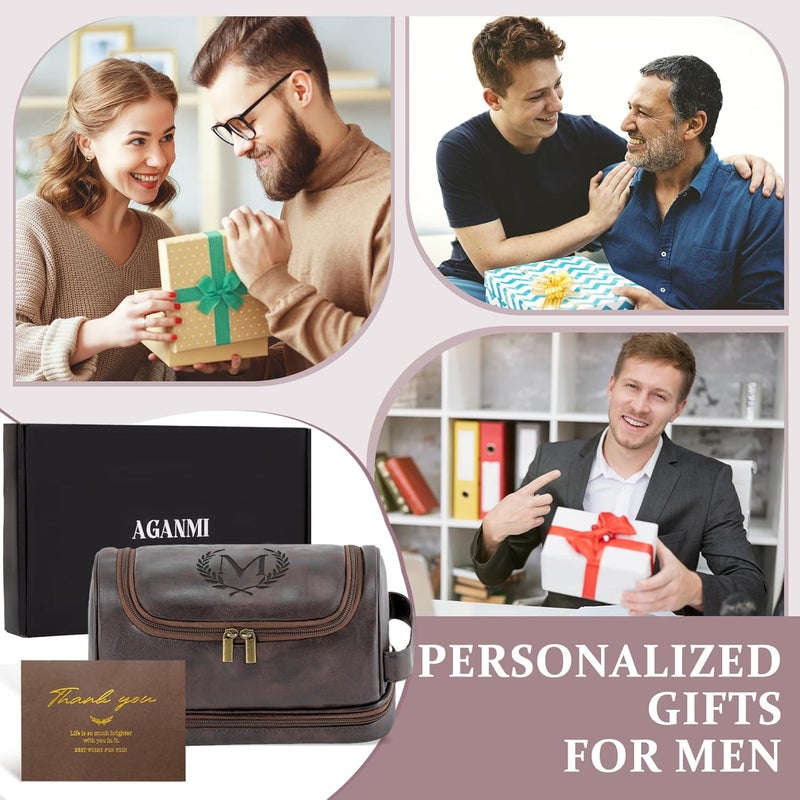 Aganmi Personalized Christmas Birthday Gifts Toiletry Bag for Men Dad Husband, Custom Initial PU Leather Waterproof Toiletry Organizer Dopp Kit Shaving Bag Travel Essential for Men, Dark Brown J - Image 2